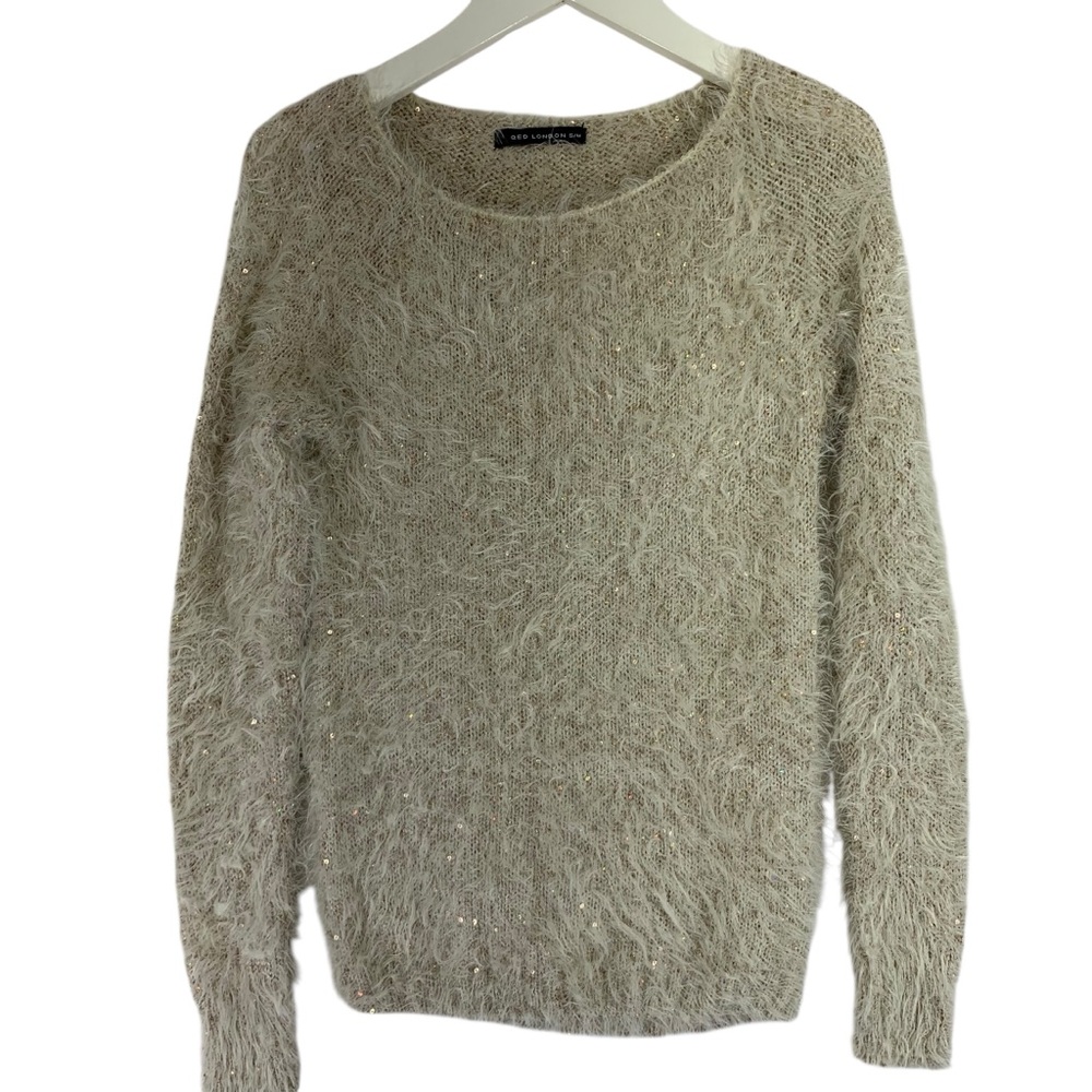 QEO LONDO  fluffy, fuzzy y2k Cozy sequins Sweater round neck sparkles SZ sm